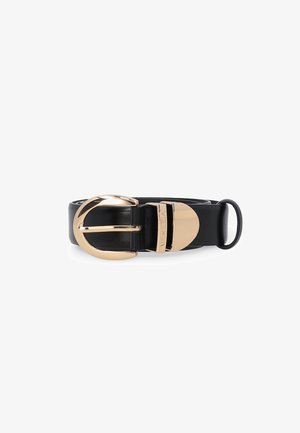 Black leather belt with a gold-tone oval buckle and a rectangular metal accent. Features smooth texture and a classic design.