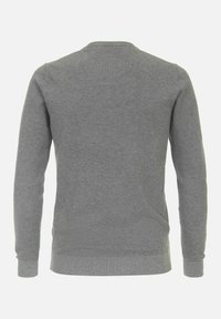 Szary sweter z okrągłym dekoltem, długimi rękawami, ribbowanym dołem i ściągaczami, z teksturowanym wzorem dzianiny, bez widocznych logo.