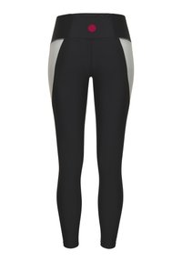 Melni legingi ar gaiši pelēkiem sānu paneļiem, augstu jostasvietu un apaļu sarkanu logo aizmugurē. Izgatavoti no elastīgas auduma, lai nodrošinātu komfortu.