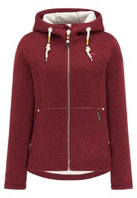 Bordowy hoodie na zamek z białymi sznurkami zakończonymi drewnianymi koralikami, z przednimi kieszeniami i dolnym brzegiem w stylu wysoki-niski.