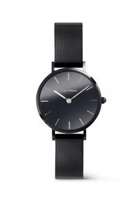 Montre noire en métal avec un cadran rond, un design minimaliste et un bracelet en caoutchouc texturé noir. Comprend des index et des aiguilles en argent.