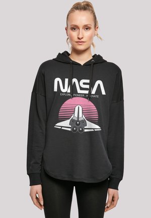 Black hoodie with NASA graphic, featuring a stylized space shuttle and retro sunset stripes. Designed with a relaxed fit and drawstring hood.