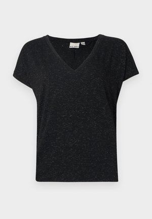 Camiseta negra de cuello en v con mangas cortas, que presenta un tejido texturizado y un corte casual. Etiqueta visible en el interior del escote.