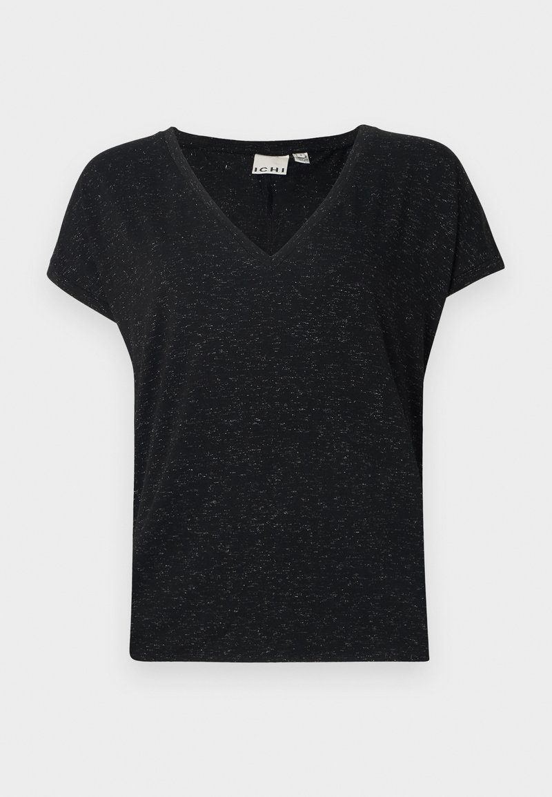 Zwarte v-hals t-shirt met korte mouwen, gemaakt van een textuurlijke stof en met een casual pasvorm. Etiket zichtbaar binnenin de hals.