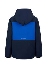 Blue and navy waterproof jacket with a hood, featuring a color-block design, and a logo decal on the back. Smooth texture, casual style.