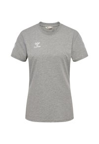 Grå T-shirt med korte ærmer lavet af bomuldsblanding, afrundet halsudskæring, med hvidt logo på brystet og lyse mønstrede detaljer på ærmerne.