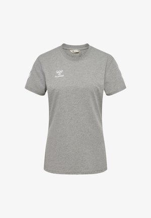 Grå T-shirt med korte ærmer lavet af bomuldsblanding, afrundet halsudskæring, med hvidt logo på brystet og lyse mønstrede detaljer på ærmerne.