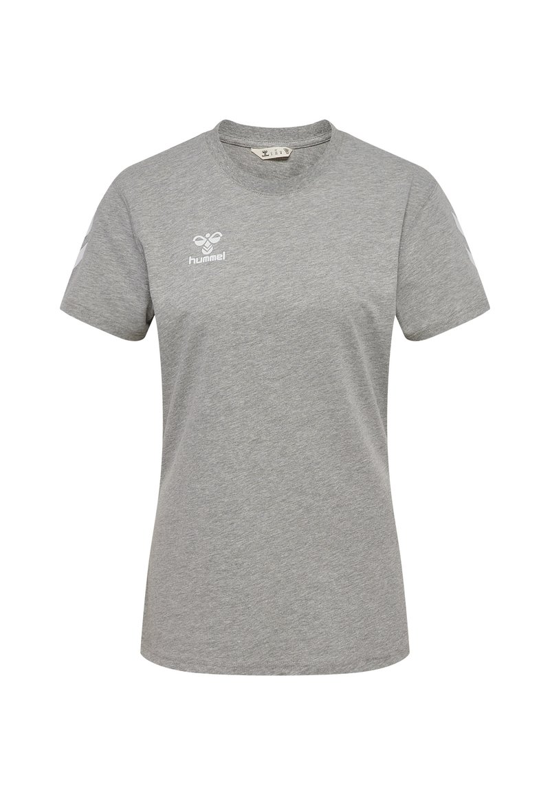 Grå T-shirt med korte ærmer lavet af bomuldsblanding, afrundet halsudskæring, med hvidt logo på brystet og lyse mønstrede detaljer på ærmerne.