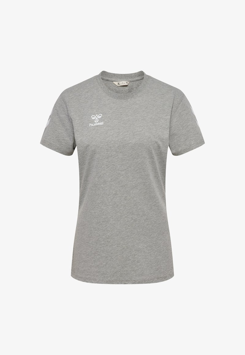 Grå T-shirt med korte ærmer lavet af bomuldsblanding, afrundet halsudskæring, med hvidt logo på brystet og lyse mønstrede detaljer på ærmerne.