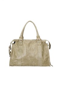 Borsa a mano in similpelle beige con due manici superiori, texture delicata, dettagli in metallo e tasche laterali per una maggiore funzionalità.