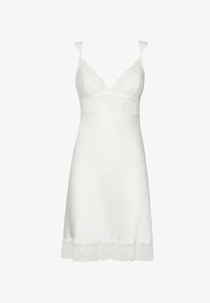 Camisón blanco con encaje en los bordes y diseño de cuello en V. Presenta tirantes ajustables y un acabado suave similar al satén. La longitud llega hasta la mitad del muslo.