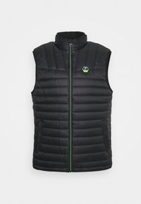 Gilet imbottito nero con collare alto, cerniera verde e logo. Presenta un design trapuntato e tasche laterali. Tessuto morbido e leggero.