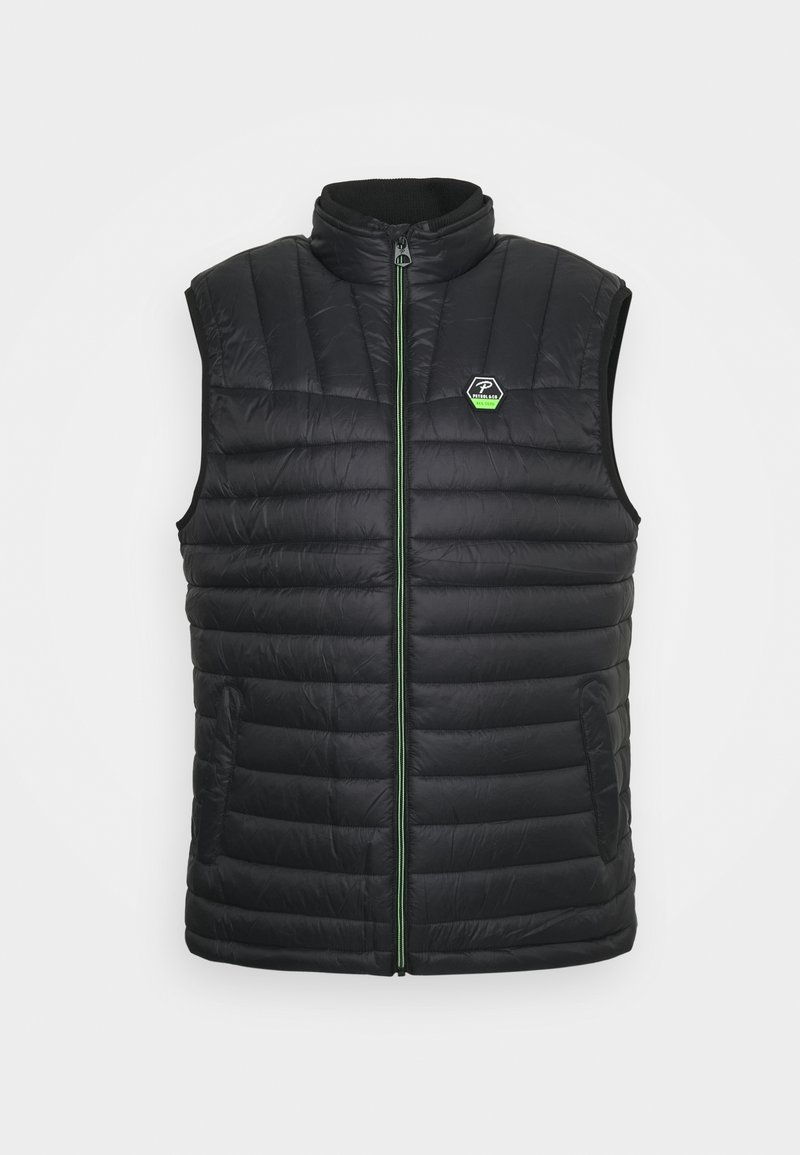 Gilet imbottito nero con collare alto, cerniera verde e logo. Presenta un design trapuntato e tasche laterali. Tessuto morbido e leggero.