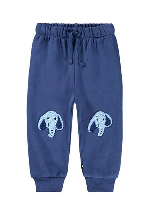 Pantalones de chándal azul marino con cintura elástica y cordón de ajuste, que presentan dos caras de elefante bordadas en azul claro en las rodillas.