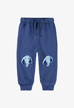 Námořnické modré tepláky s elastickým pasem a šňůrkou, na kolenou s vyšitými světle modrými slony.