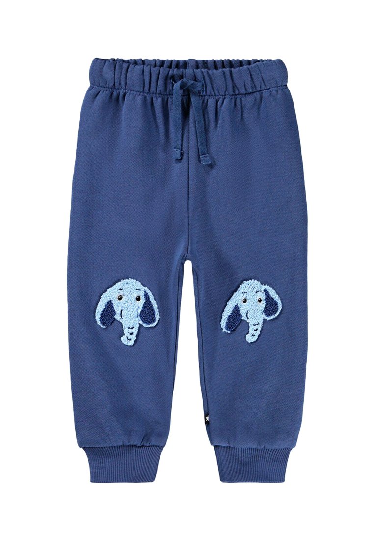 Marineblauwe trainingsbroek met een elastische tailleband en trekkoord, voorzien van twee geborduurde lichtblauwe olifantsgezichten op de knieën.