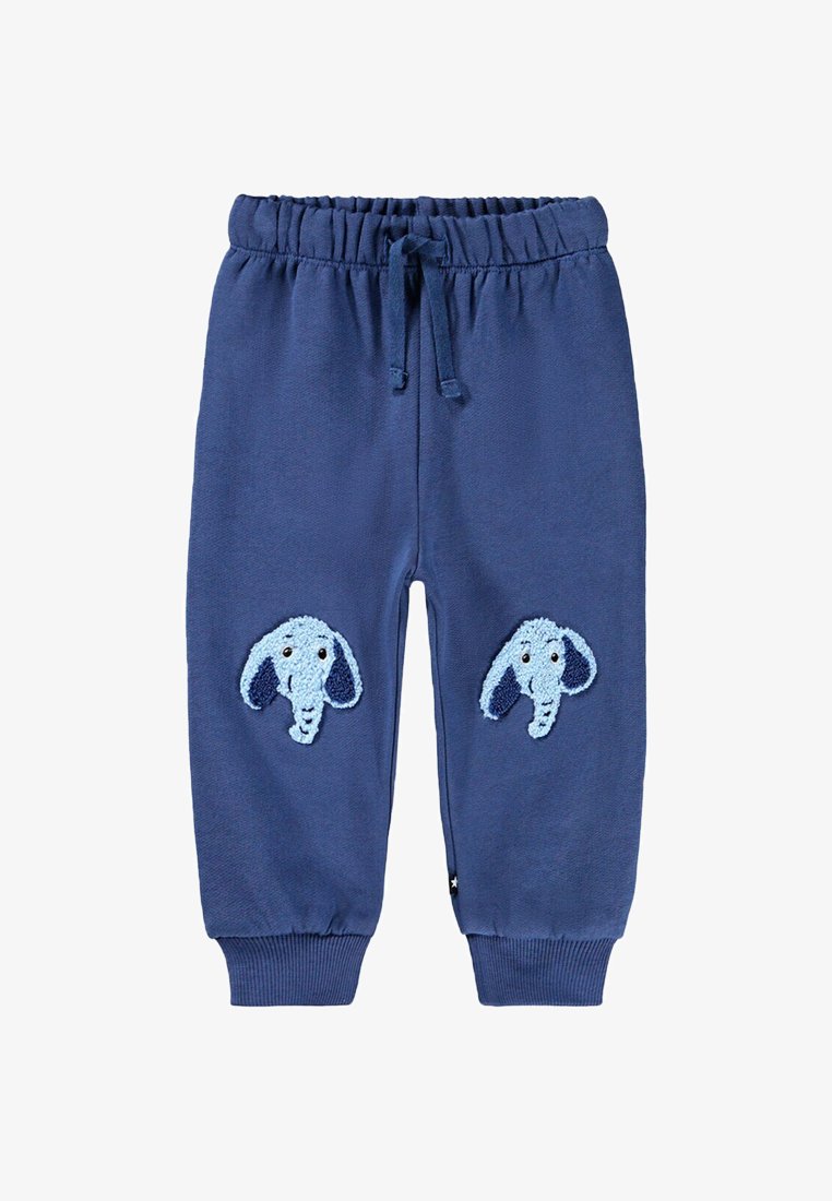 Navyblaue Jogginghose mit elastischem Bund und Kordelzug, die zwei gestickte, hellblaue Elefantenköpfe auf den Knien aufweist.