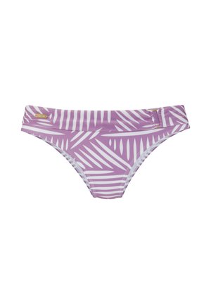 Fialové bikini nohavičky s bielym tropickým vzorom listov a detailom so zapínaním na boku.