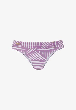 Braguita de bikini morada con estampado de hojas tropicales blancas y detalle de hebilla lateral.