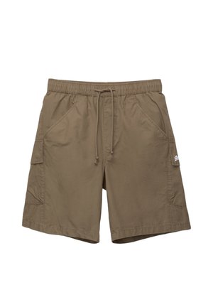 Khaki cargo šortky vyrobené z lehkého materiálu. Mají elastický pas se šňůrkou, dvě boční kapsy a jednu kapsu na cargo.