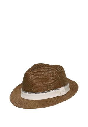 Brown woven fedora hat with white fabric band and black zigzag stitch detail around the base of the crown.