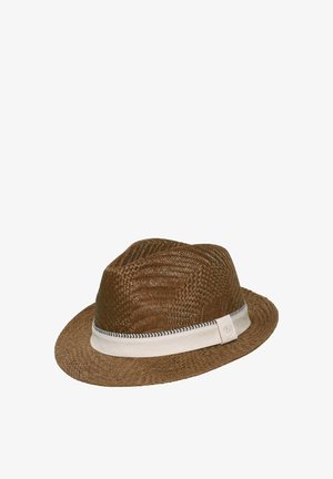 Brown woven fedora hat with white fabric band and black zigzag stitch detail around the base of the crown.