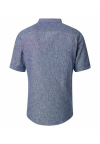 Korte mouwen, overhemd met kraag van een gestructureerde blauwe stof. Beschikt over een standaard rugpanel en een ronde zoom. Geen zichtbare patronen of beslag.