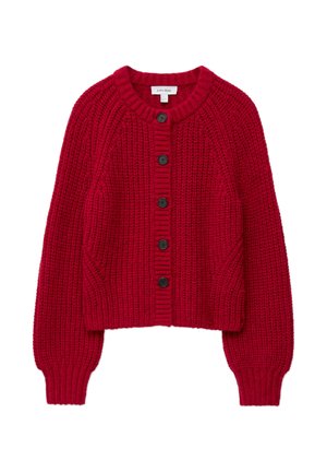 Red knitted cardigan with a round neckline, long sleeves, and black buttons. Features ribbed cuffs and hem, giving it a textured finish.