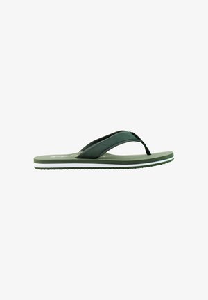 Green flip-flop with fabric thong strap and cushioned sole featuring a white stripe along the edge, isolated on white background.