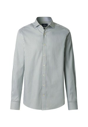 Camisa de manga larga con botones, rayas verticales verdes y blancas, cuello clásico y puños abotonados.
