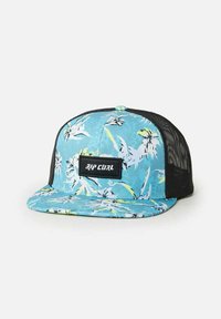 Blaues Blumen-Cap mit schwarzem Netzrücken, gebogenem Schirm und einem rechteckigen schwarzen Patch mit dem Text "RIP CURL." Mit tropischen Blättermustern.