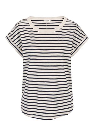 Beige T-shirt met korte mouwen, zwarte horizontale strepen en een ronde hals, plat uitgestald op een witte achtergrond.