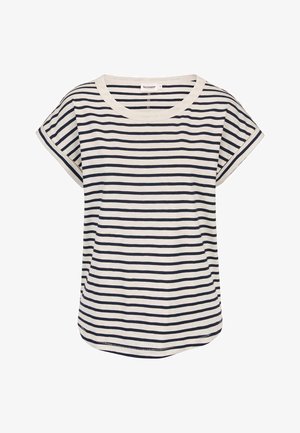 Beiges kurzärmliges T-Shirt mit schwarzen horizontalen Streifen und rundem Ausschnitt, flach auf weißem Hintergrund dargestellt.