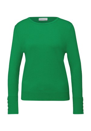 Grüner Strickpullover mit rundem Halsausschnitt und langen Ärmeln mit geknöpften Manschetten. Leicht und mit glatter Textur.