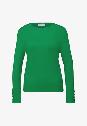 Green knit sweater featuring a round neckline and long sleeves with buttoned cuffs. Lightweight and smooth texture.