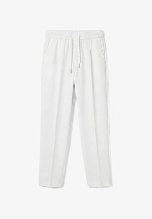 Weiße Hose mit geradem Bein, elastischem Bund und Kordelzug, mit Seitentaschen und einem klaren, minimalistischen Design.