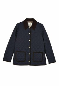 Granatowa pikowana kurtka z brązowym kołnierzem z sztruksu, zatrzaskami oraz dwiema przednimi kieszeniami. Posiada okrągłe logo po lewej stronie.