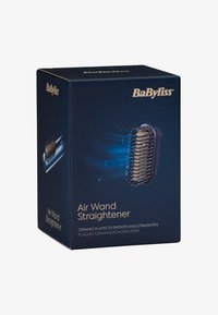 BaByliss Air Wand rettetangboks med et svart og blått design med gulltekst, som viser keramiske plater for hårstyling.