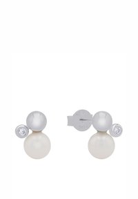 Pendientes de perno que presentan una gran perla blanca, una pequeña bola de plata y un pequeño acento de cristal transparente. Fabricados en plata de ley.