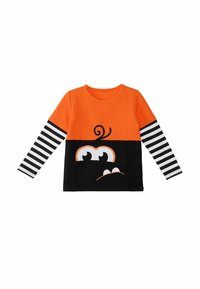 Oranges Langarmshirt mit schwarzem Grund, das gestreifte Ärmel und ein Cartoon-Gesichtdesign mit großen weißen Augen und einem Mund zeigt.