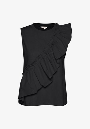 Zwarte top met een gestructureerd ontwerp en een enkele gerimpelde mouw. Gemaakt van lichte stof, heeft het een ronde halslijn en een relaxte pasvorm.