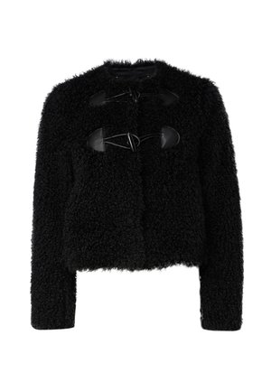 Schwarze, strukturierte Jacke mit einem flauschigen, verkürzten Design. Verfügt über große schwarze Schlaufen und einen geraden Saum an der Vorderseite. Lange Ärmel vervollständigen den Look.