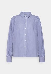 Chemise à rayures bleu et blanche à manches longues avec un col classique, des boutons à l'avant et des manches froncées. Tissu léger, coupe structurée.