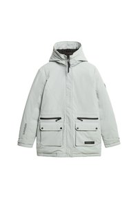 Jasnoszara, ocieplana kurtka z kapturem, z zapięciem na zamek, dwoma bocznymi kieszeniami i logo na rękawie. Gładki materiał o eleganckim wzornictwie.