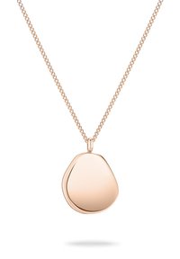 Rosaguld vedhæng på en tynd kæde, der har en glat, uregelmæssig dråbeform med en reflekterende overflade og minimalistisk design.