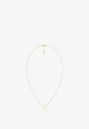 Collana color oro con una catena sottile e un piccolo ciondolo a croce. Presenta un gancio e una catena di estensione per una lunghezza regolabile.