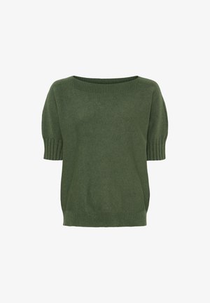 Kortærmet pullover sweater i skovgrøn, med firkantet udskæring, ribbede manchetter og en løs pasform, lavet af et blødt strikket materiale.