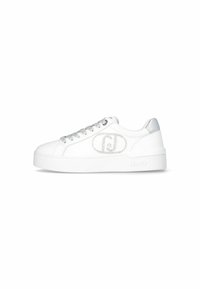 Sneakers bianchi in pelle con un design elegante, dettagli in argento sul tallone e un logo decorativo sul lato. Lacci texturizzati.