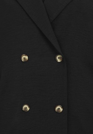 Double-breasted black blazer with gold-tone buttons. Soft, textured fabric with a structured lapel design.