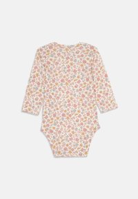 Long-sleeve baby bodysuit in cream, featuring a floral pattern in pink, yellow, and blue. Soft fabric with a rounded neck and snap closures.